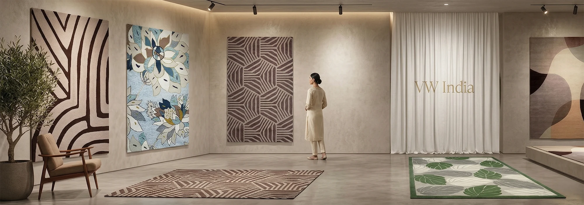 Modern showroom displaying large designer rugs with geometric and floral patterns, woman observing artwork on wall