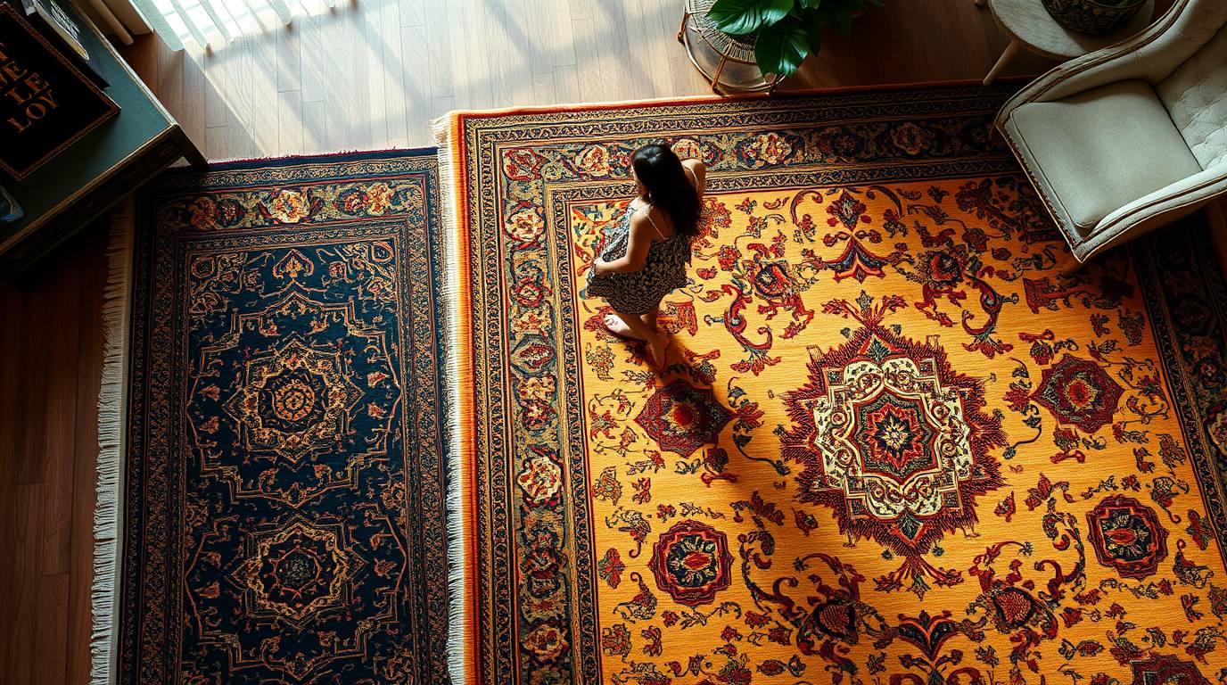 Elegant handmade carpet placed in modern living room interior